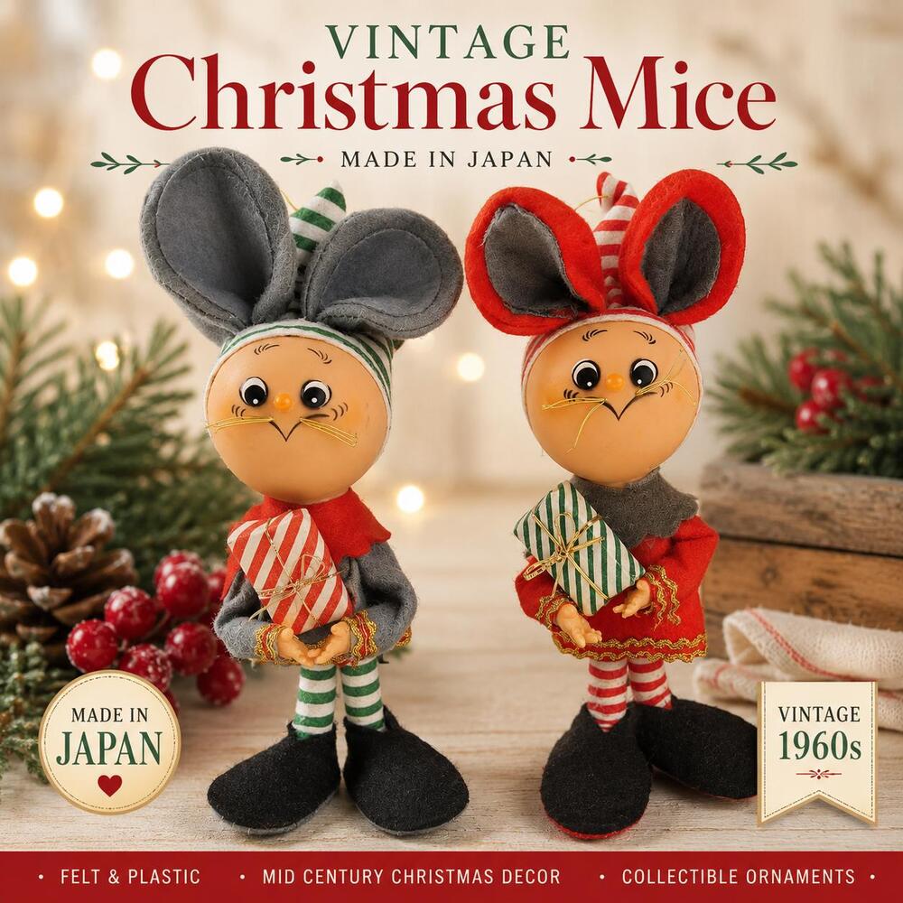 Vintage Christmas Mouse Ornaments  – Made in Japan –Pair of two